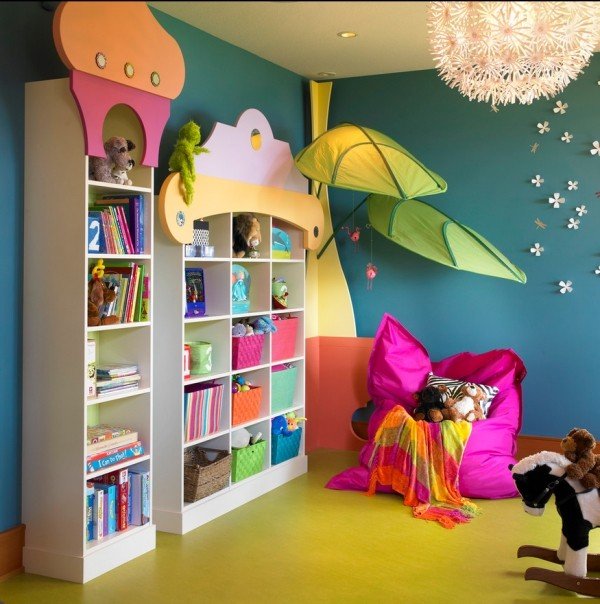 Barnrum färgglada möbler hyllor öppna golv kuddar belysning-vägg dekoration
