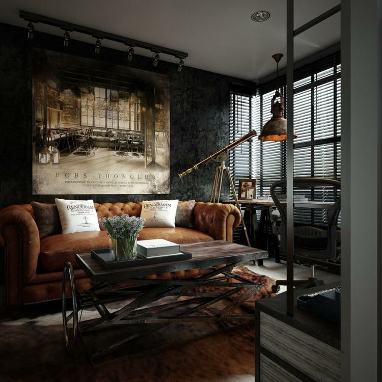 steampunk interiör läder brun soffa vardagsrum väggmålning