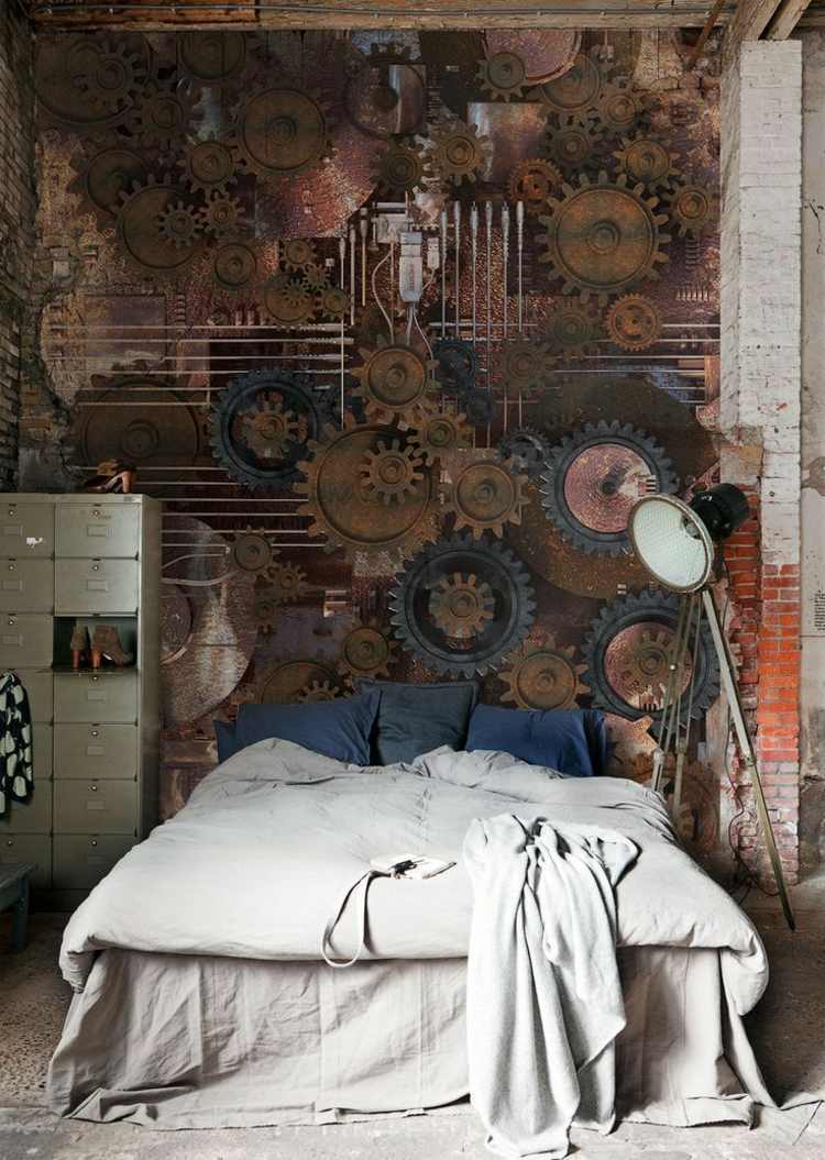 steampunk-interiör-vägg-dekoration-idé-växlar-säng-sovrum