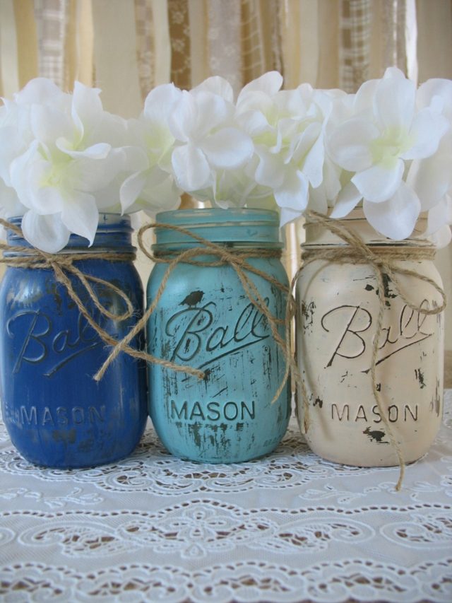 rustik stil murare burkar pasteller vita blommor garn