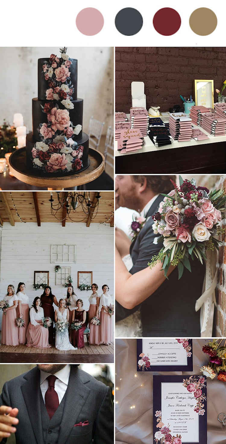 Bröllopsfärger 2019 rosa grått vin rött trä