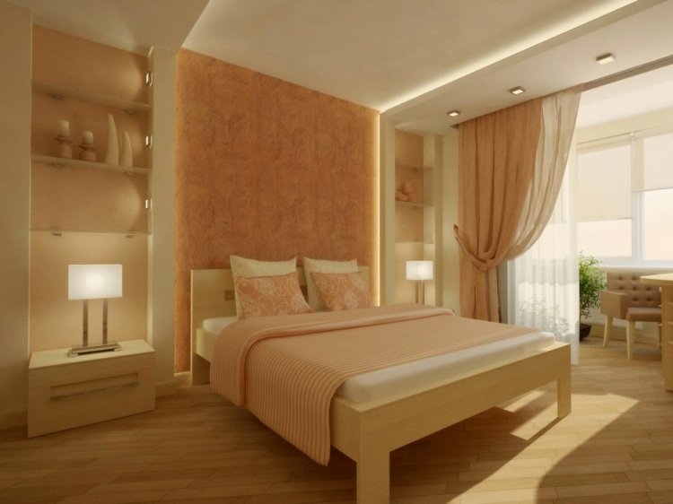väggfärg aprikos accent vägg sovrum vita möbler laminat