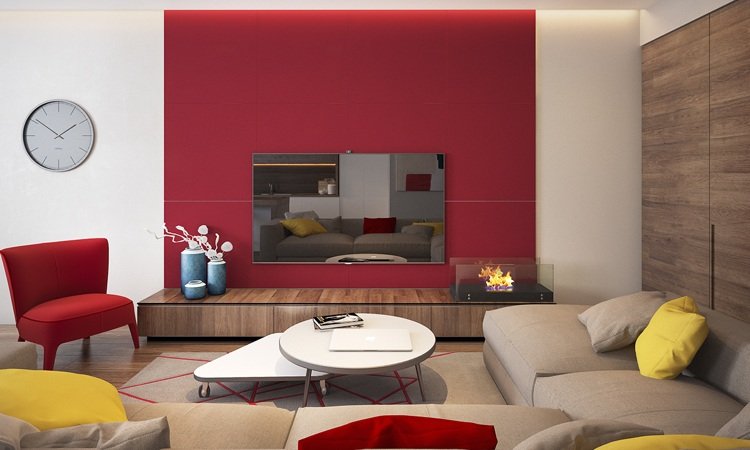 Färg röd Feng Shui väggfärg vardagsrum bakom TV Taupe hörnsoffa