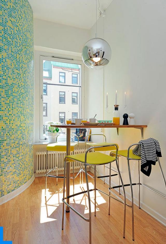 Väggdesign med mosaik fräsch modern inredning matsal bar blå gul