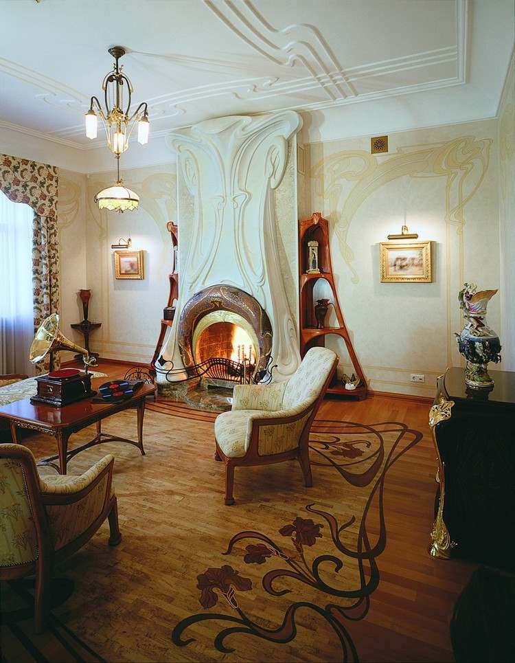 Kännetecken för Art Nouveau-vardagsrum-öppen spis-möbler-ornamentik