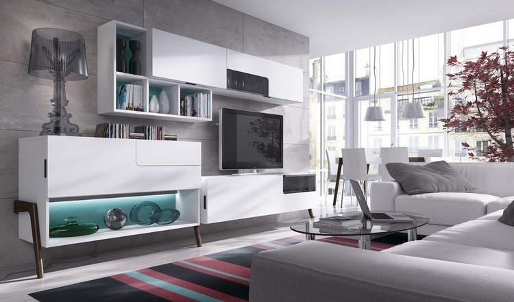 Dagens väggmodell modern-matt-vit-blå-led-belysning-vit-soffa