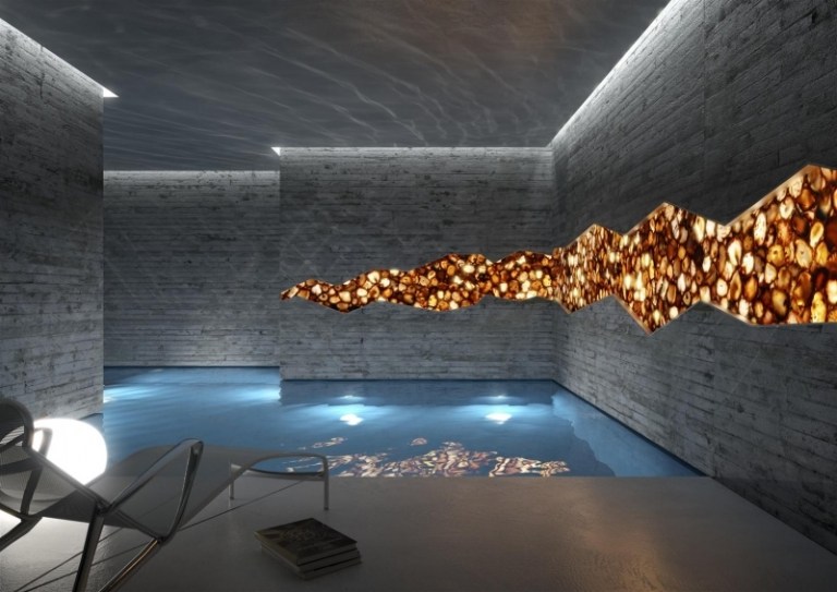 Badrumsdesign - badrumsidéer - betongvägg - onyx panelbelysning