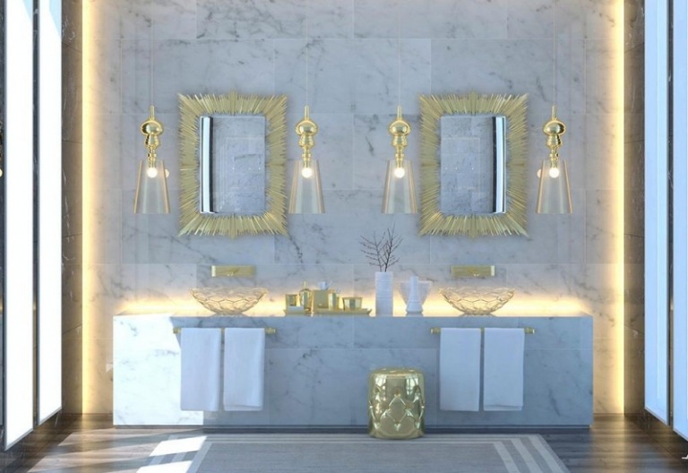Badrumsidéer-lyxiga väggplattor-marmor-spegel-glas-handfat-bänkskåp