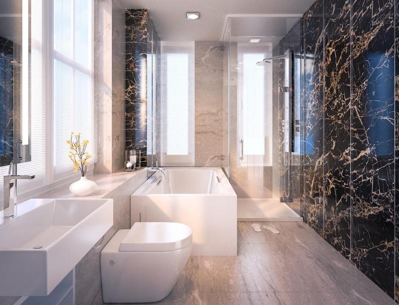 Badrumsdesign - badrumsidéer - marmor - natursten - duschkabin i glas
