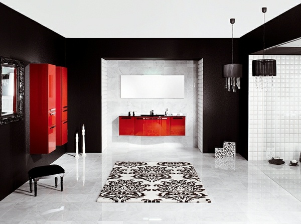 sovrum-lyx-svart-vit-marmor-röd-handfat-matta