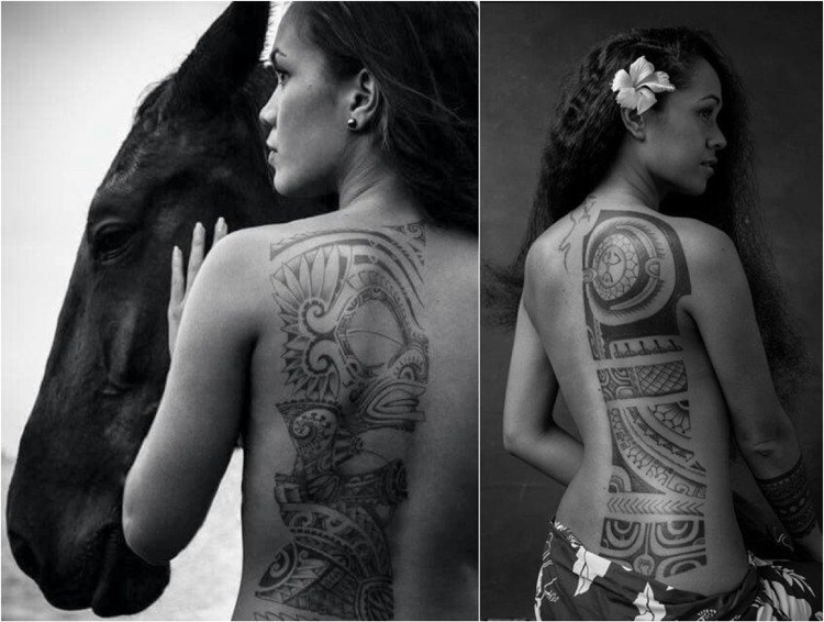 Maorie tatueringar kvinnor tillbaka tiki mask ansikte