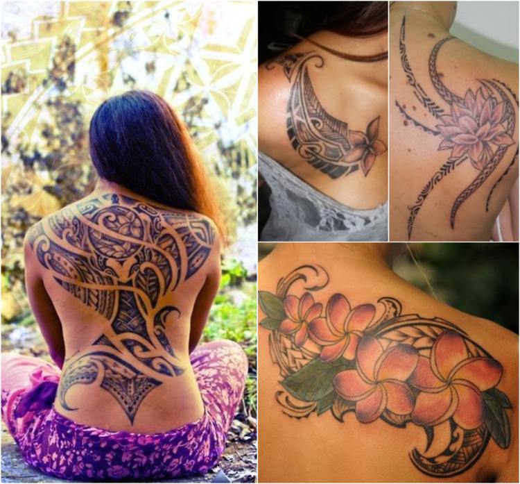 Maori tatueringar Polynesiska kvinnor Frangipani tillbaka nyckelbenet