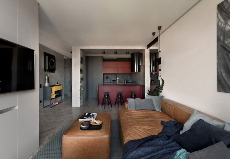 40 kvm lägenhet inredd i mörka färger för en ensamstående man