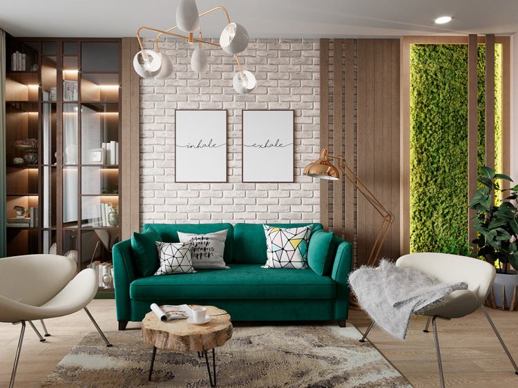 Vardagsrum tegelvägg smaragdgrön soffa mossa väggfönster med belysning