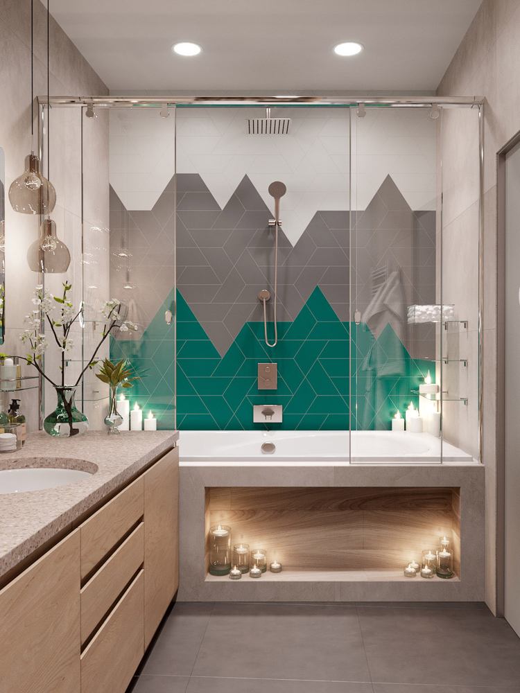 Badrum med badkar skjutbara glasdörrar kakel mönster grå grön vit