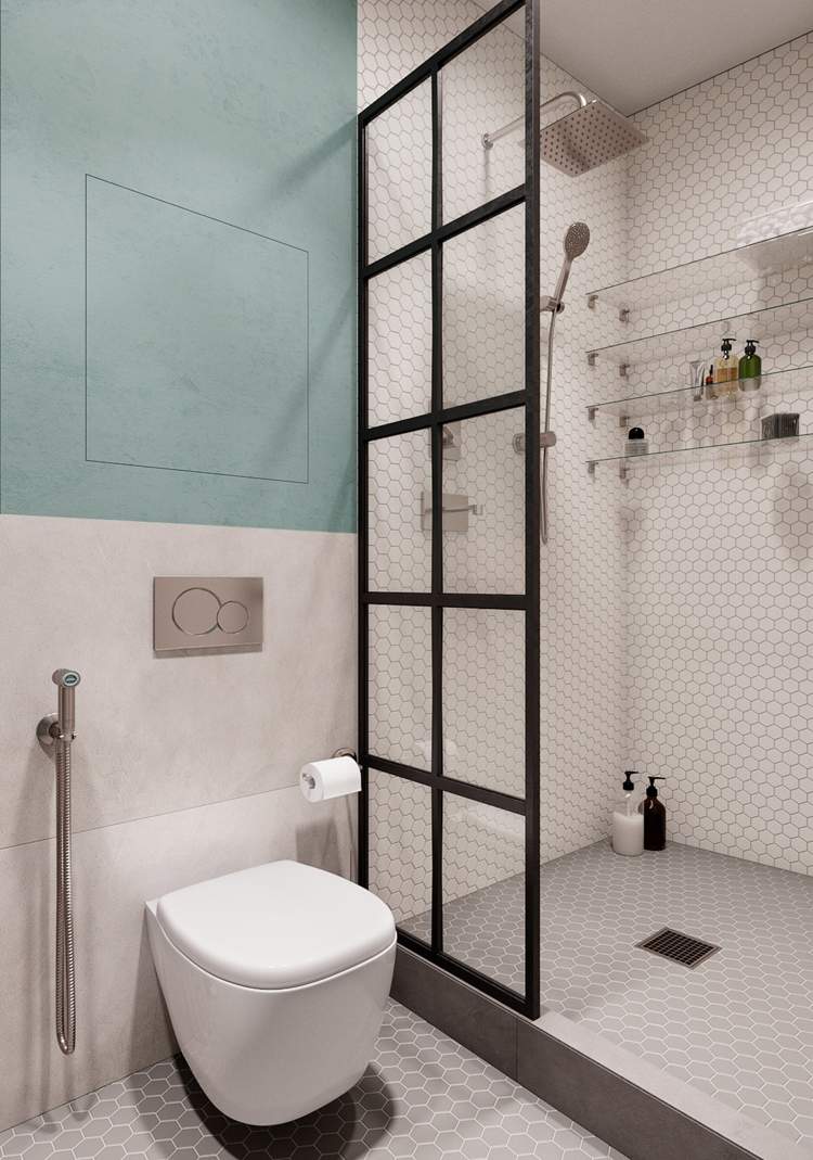 Badrum vit grå mintgrön dusch