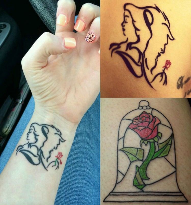 disney-tatueringar-motiv-idéer-vackert-odjur-ros-klockglas