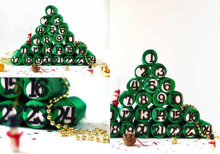 Vackert julgran som adventskalender gjord av toalettrullar i grönt