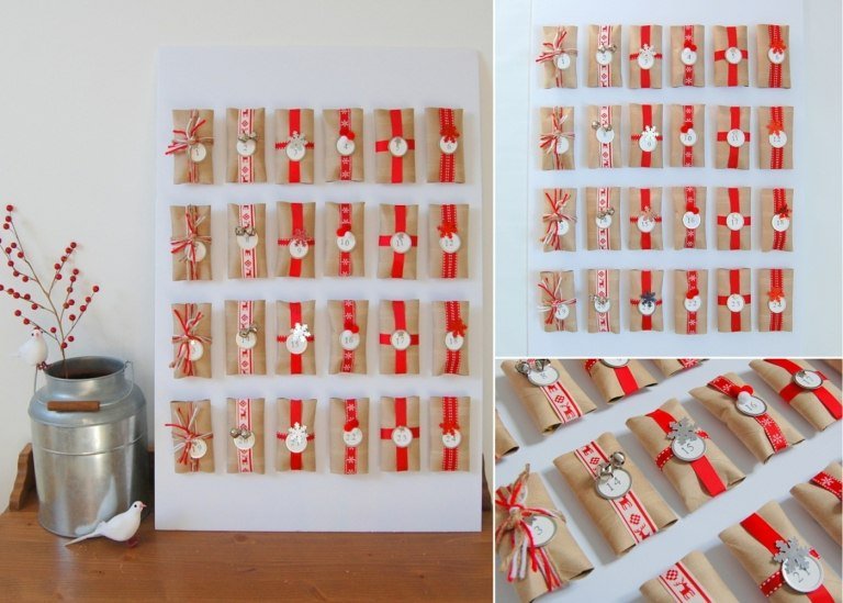 DIY -kalender för adventstiden i rött och vitt med band och dekorationer