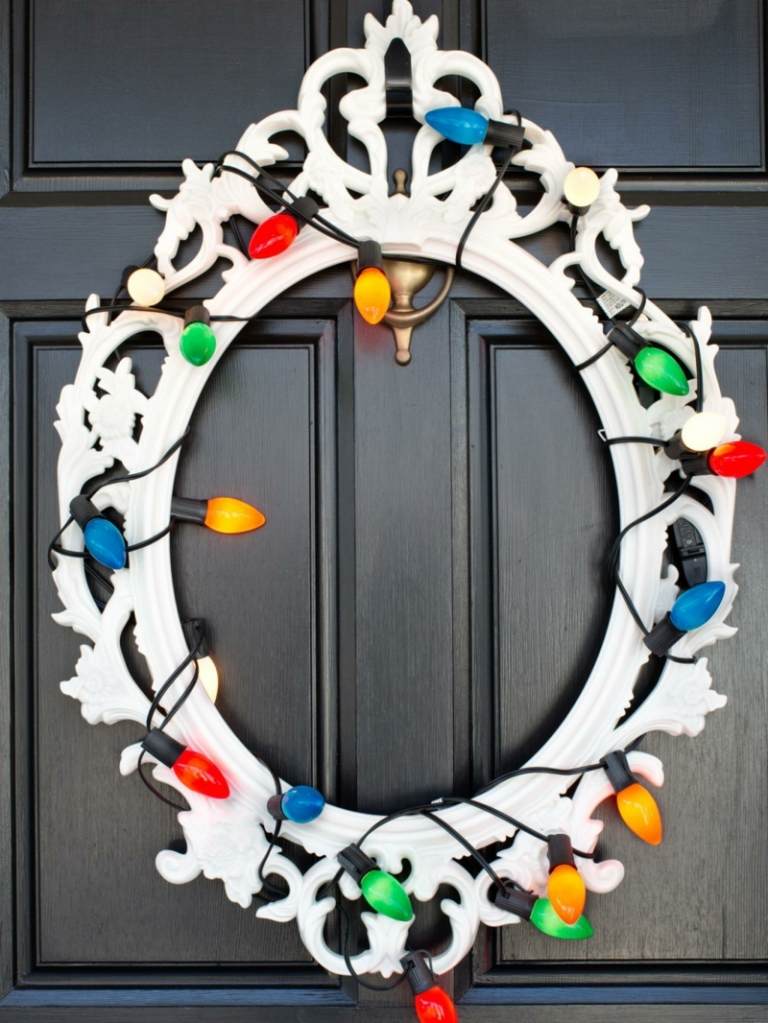 DIY belysning för jul imitation dörr krans ram vintage vita färgglada lampor