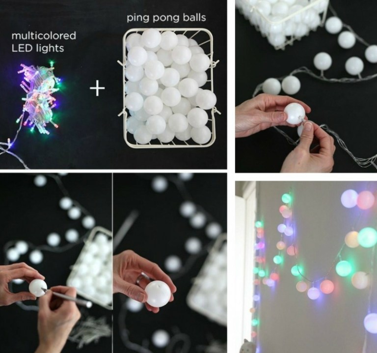 DIY belysning jul ledde bordtennisbollar pyssla idé färgglada lampor