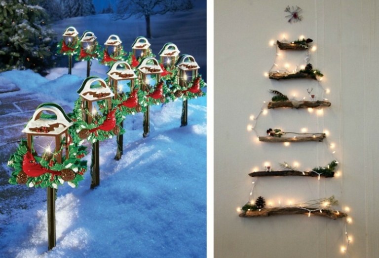 DIY belysning jullyktor utomhus grenar vägg julgran