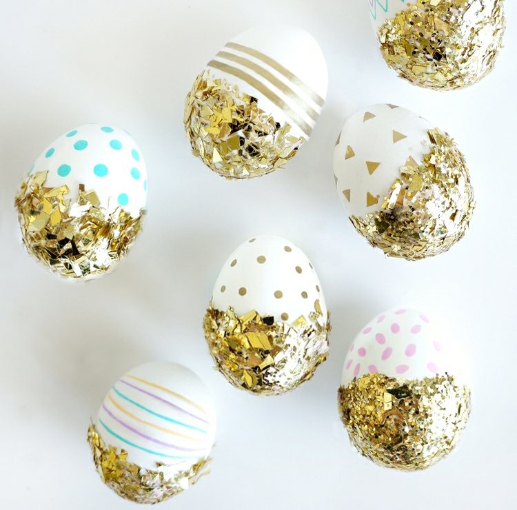 DIY-dekoration-påsk-mönster-idé-stilig-look-påsk-ägg-guld-konfetti-ränder-prickar-trianglar