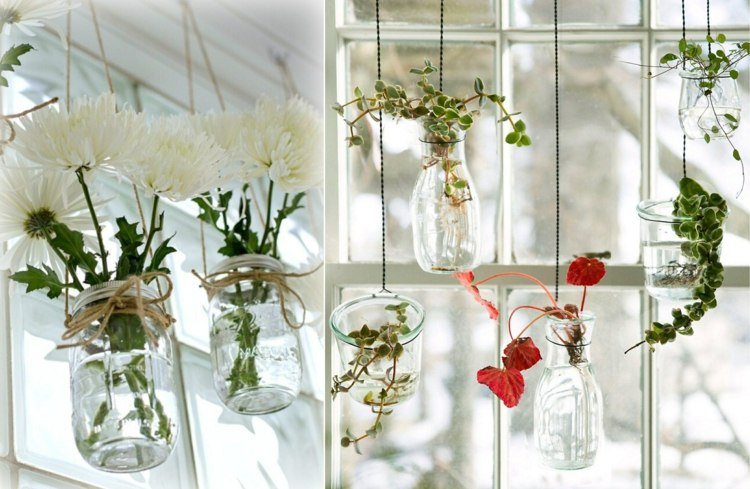 Hängande fönsterdekorationer för sommaren - gör vaser av murade burkar