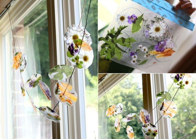 Somrig fönsterdekoration med naturmaterial - löv och blommor i självhäftande folie