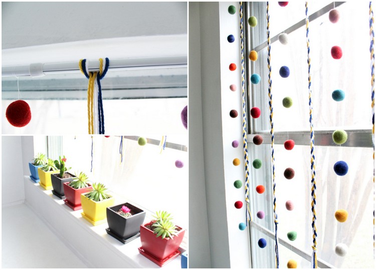 DIY fönsterdekorationer våren färgglada och glada filtbollar krukor