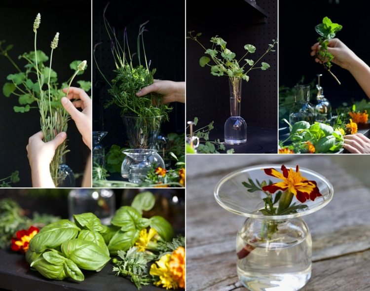 Trädgårdsborddekoration med blommor och örter mot myggor och andra insekter