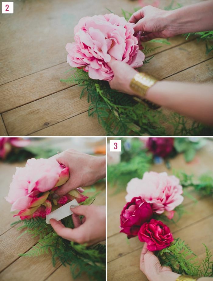instruktioner DIY krans av siden blommor bröllop pioner hantverk idé