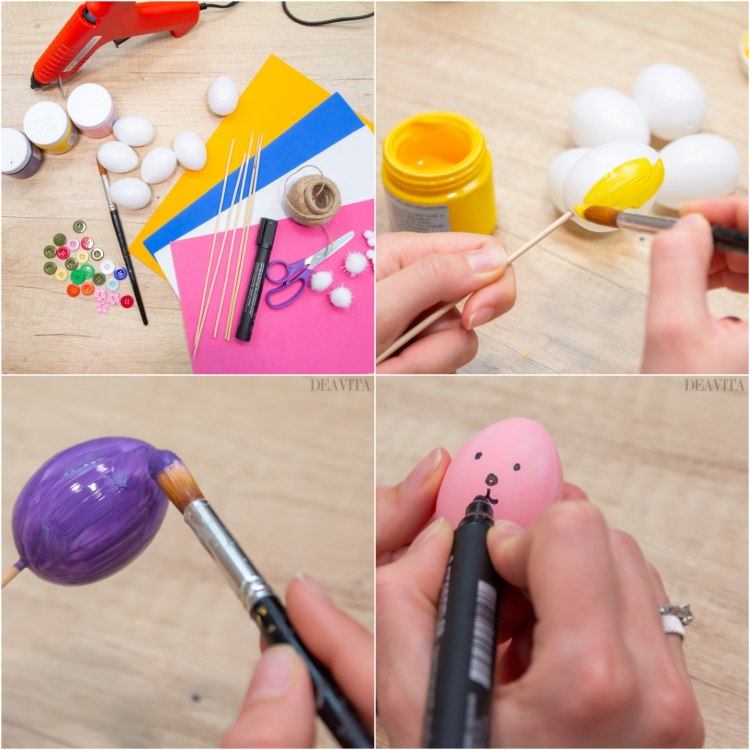 DIY påsk dekoration med plast ägg akrylfärg och pensel tinker påsk krans
