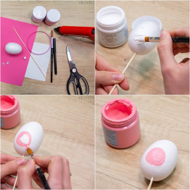Gör påskharen själv av frigolit av träspett och rosa akrylfärg