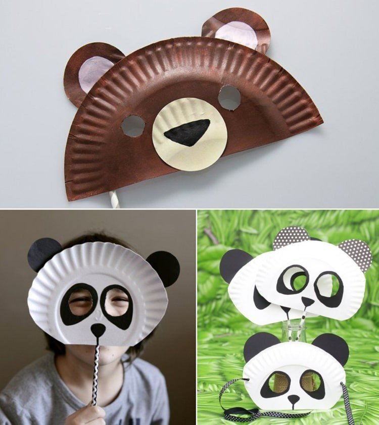 Tinkerbjörnar och pandabjörnar som djurmasker från papperstallrikar för karneval