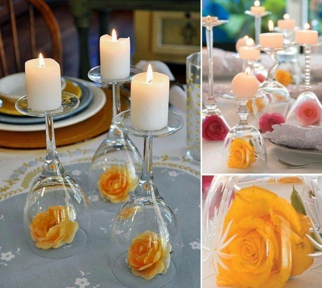 vinglas ljusstake rosor gul DIY dekoration