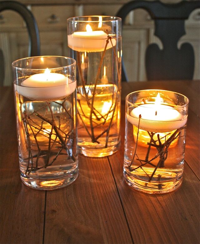 flytande ljus dekorationer grenar vattenglas