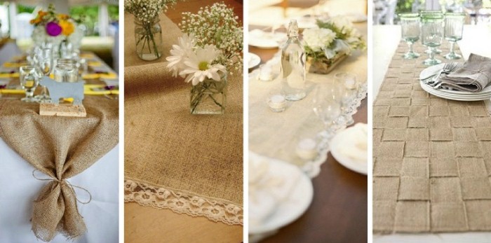 rustika bordsdekorationer bröllop blomma arrangemang säckväv bord löpare