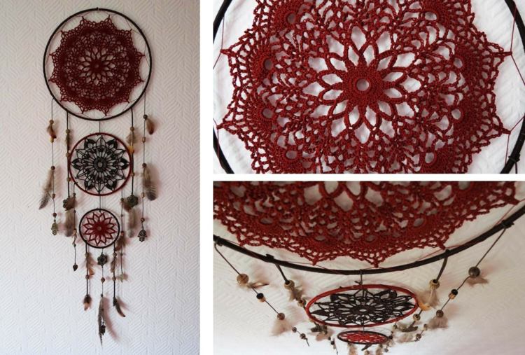 drömfångare DIY inspiration röd spets tredelad fjädrar design