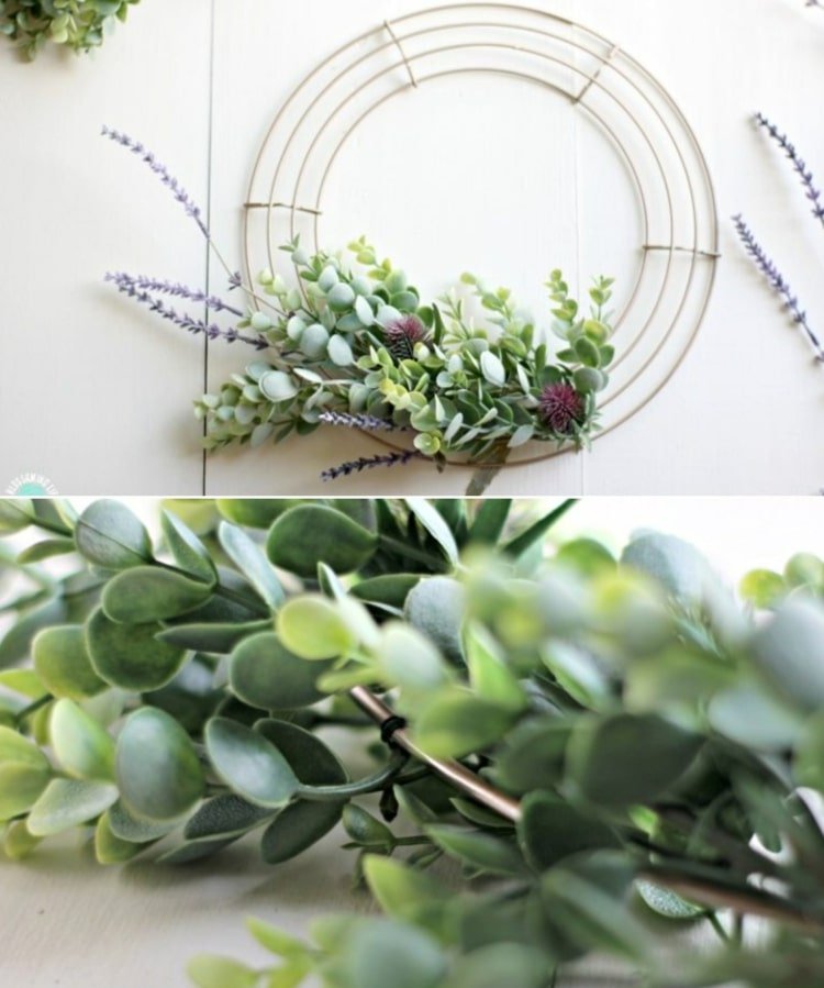 Metallring för kransar med konstgjorda blommor och grön dekor som vårdekoration