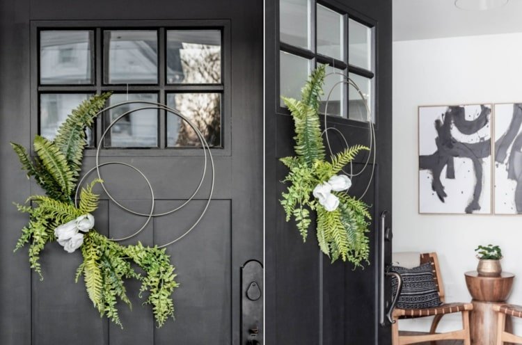 Gör din egen dörrkrans med ring - dekorera ringarna med ormbunksblad och vita tulpaner