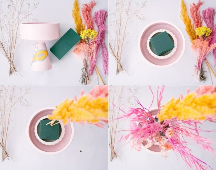 Instruktioner för en vas med rosa och gula torkade blommor för våren