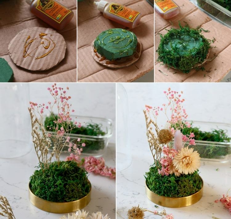 DIY -instruktioner för ett blomsterarrangemang med konstgjord mossa och torkade blommor för en klockburk