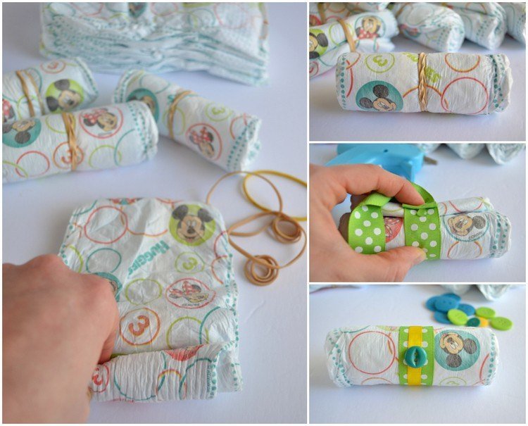 DIY blöjkransinstruktioner Rulla ihop och knyta blöjor