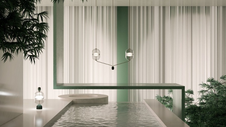 extraordinärt vardagsrum designat med vatten i mitten och skandinavisk minimalism med ett hängande ljus som höjdpunkt