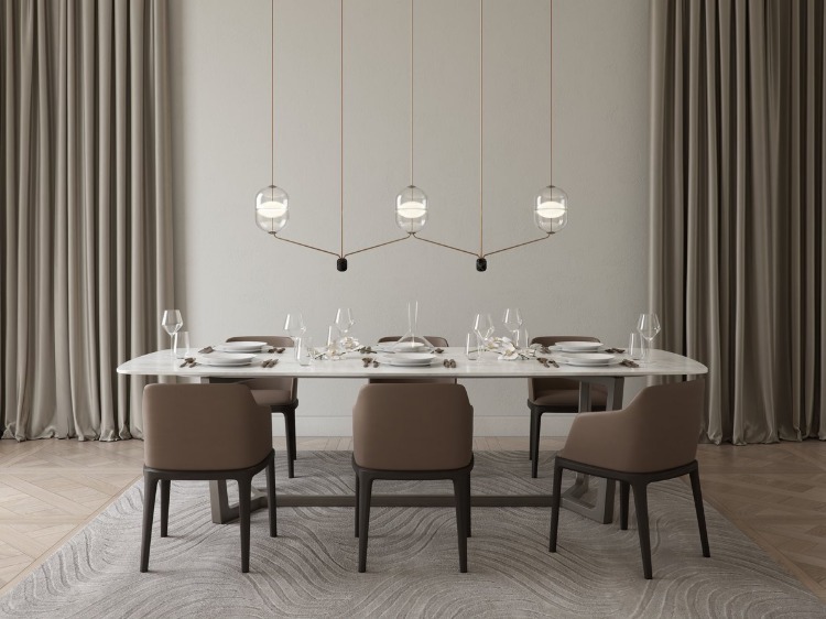 Hänglampa med en nostalgisk och samtidigt modern design från Danmark, elegant placerad ovanför ett matbord i vardagsrummet