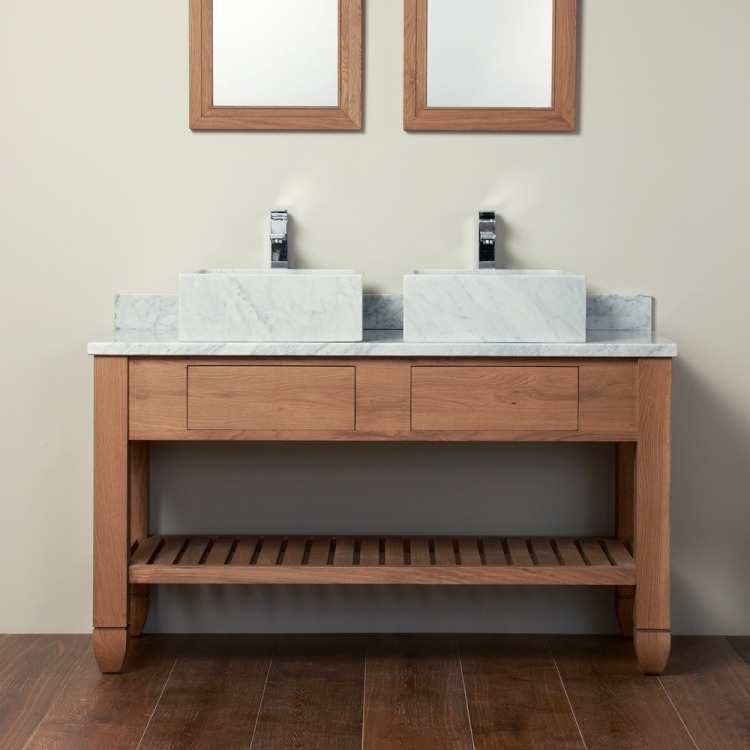 Dubbel handfat med bänkskiva -set-kvadrat-marmor-topp-underskåp-trä-massivt trä-spegel-två