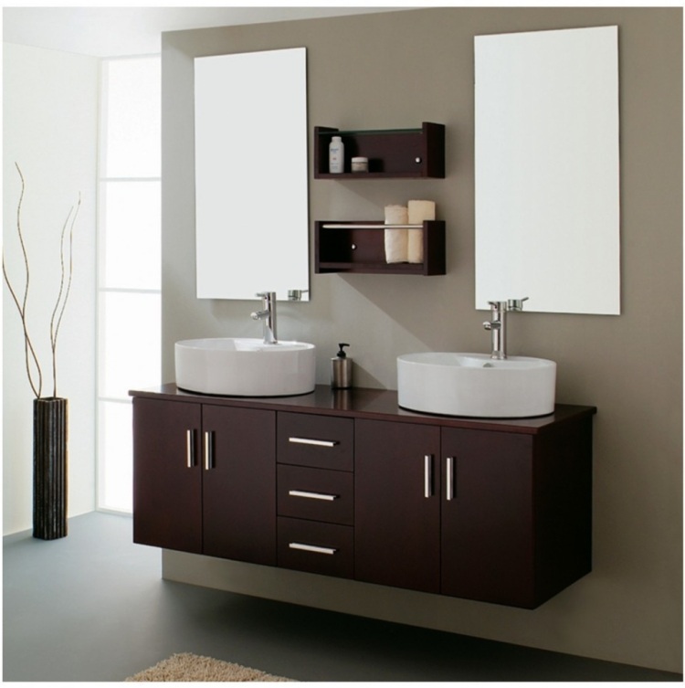 dubbla handfat-bänk-tvättställ-set-runt-vitt-badrum-underskåp-mörk-brun-spegel-pelipal