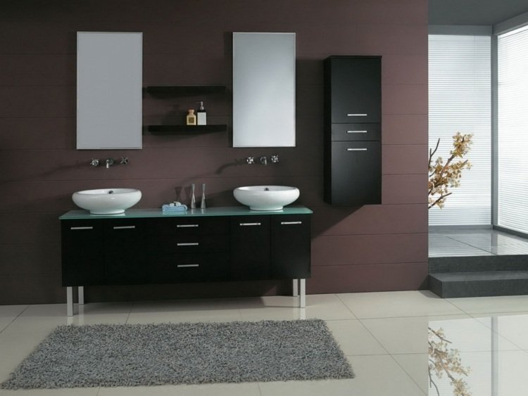 dubbla handfat-bänkskivor-oval-vit-badrum-underskåp-svart-kran-vägg