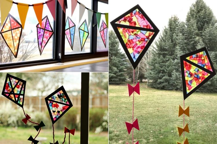 Tinker kites som dekoration för fönster på hösten med silkespapper